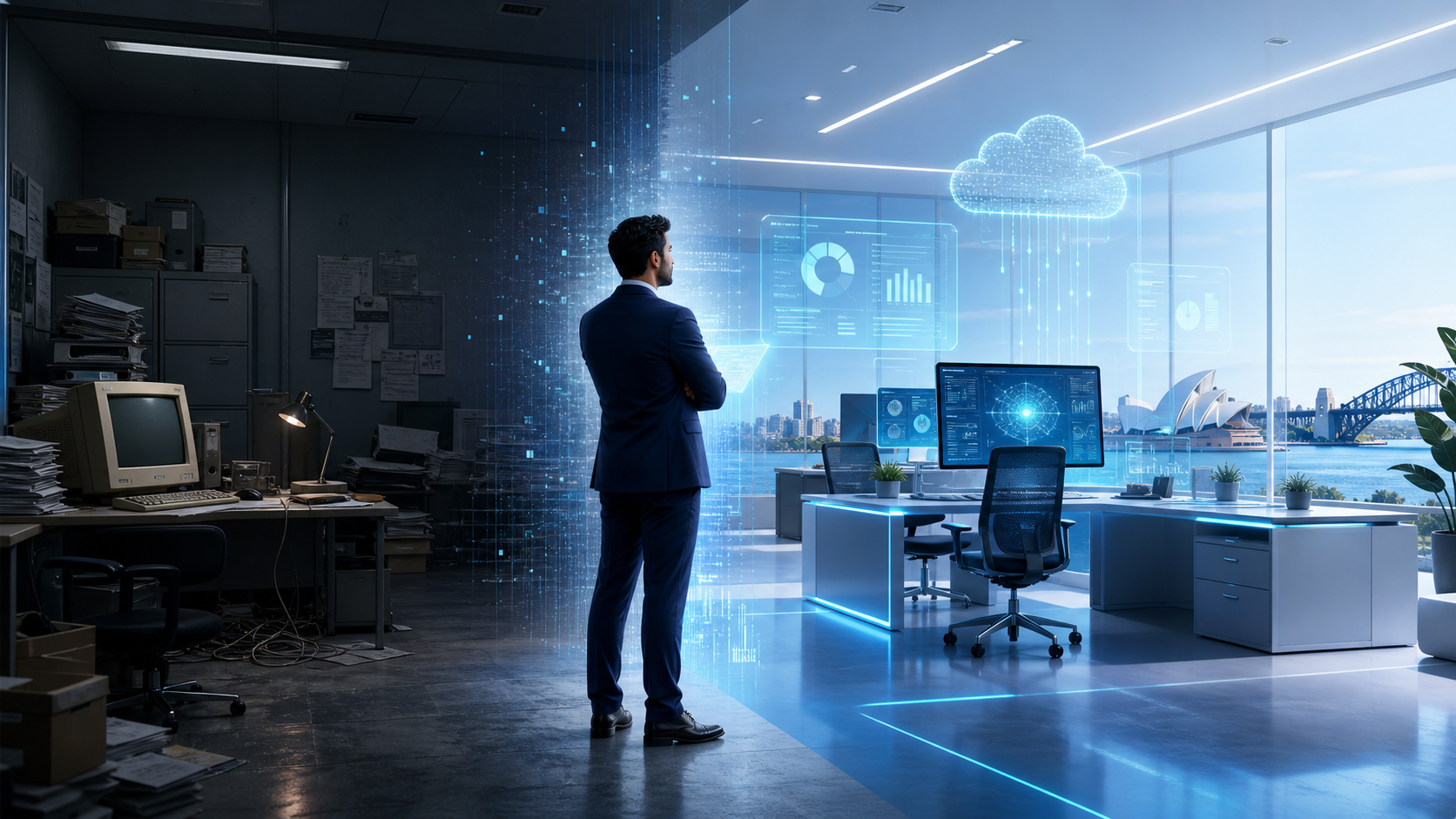 Futuristic office scene contrasting outdated technology with a modern AI-enabled workplace, showing business transformation over the next 18 months.