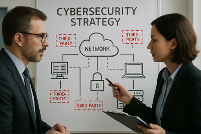 Collaborative IT partnership reviewing cybersecurity risks of third-party systems.