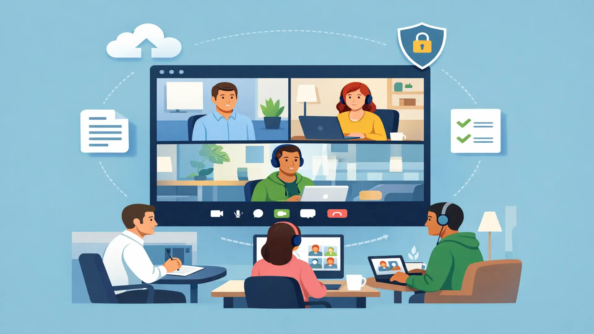 Hybrid meeting with staff joining from office, home and remote locations using secure Microsoft Teams collaboration